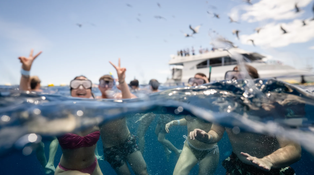 Un grupo con gafas de buceo nada en el mar junto a un barco